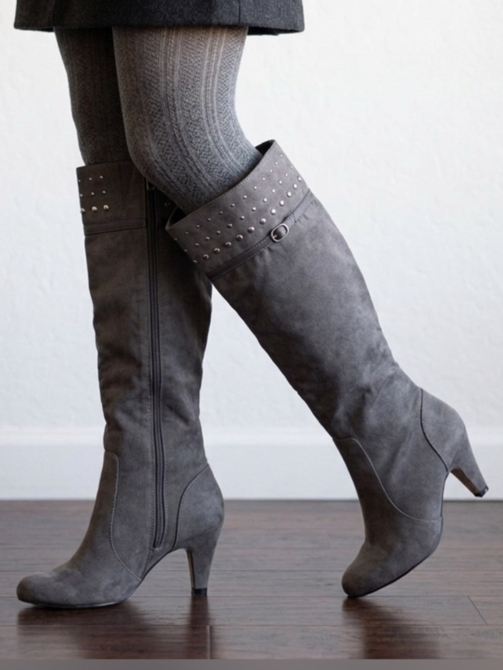 Bella Vita Gray Suede Studded Knee High Boots Heel. Size:7.5